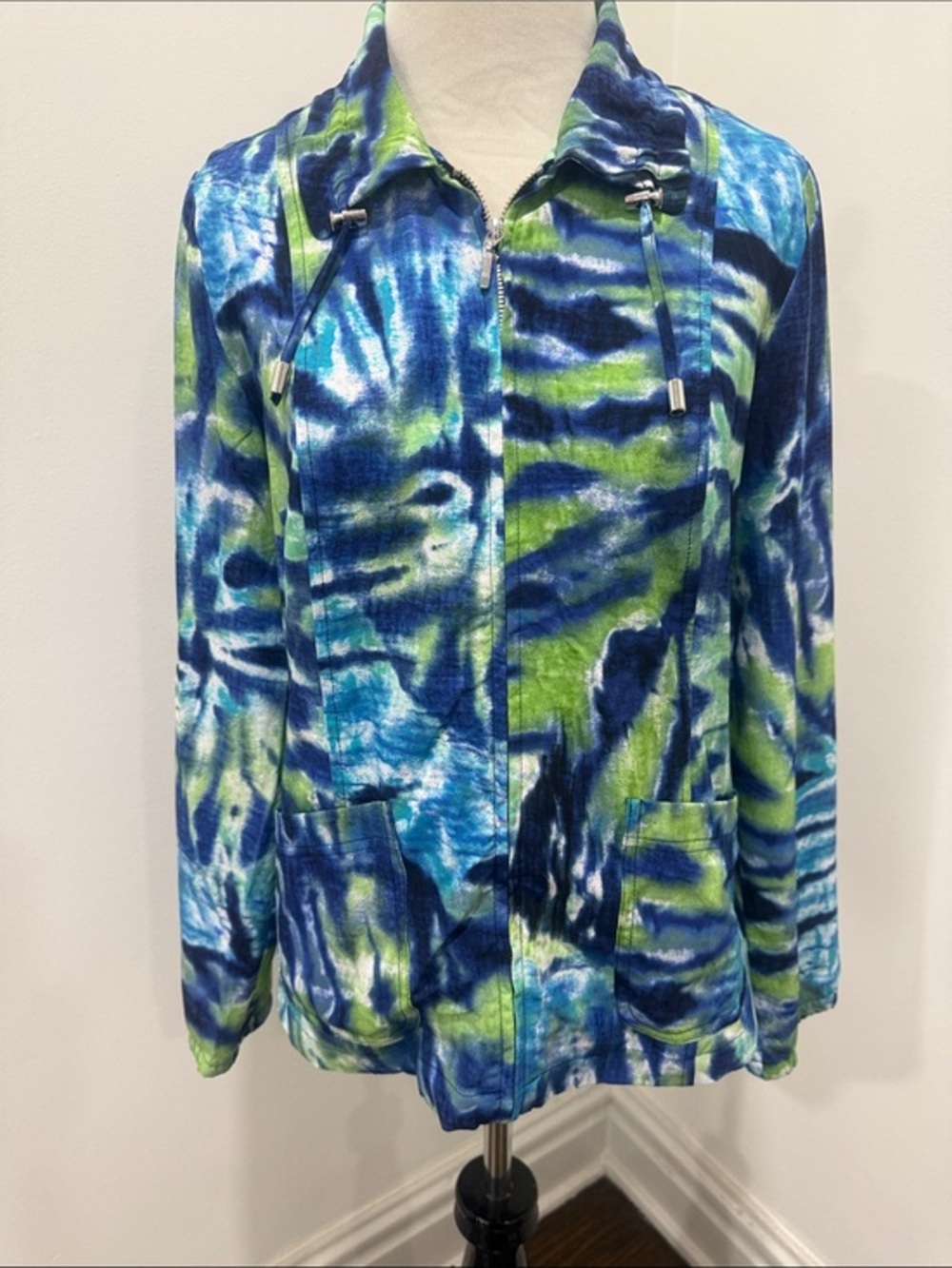 Zenergy by Chico’s Blue & Green Tie-Dye Watercolor Zip Front Jacket 0/S